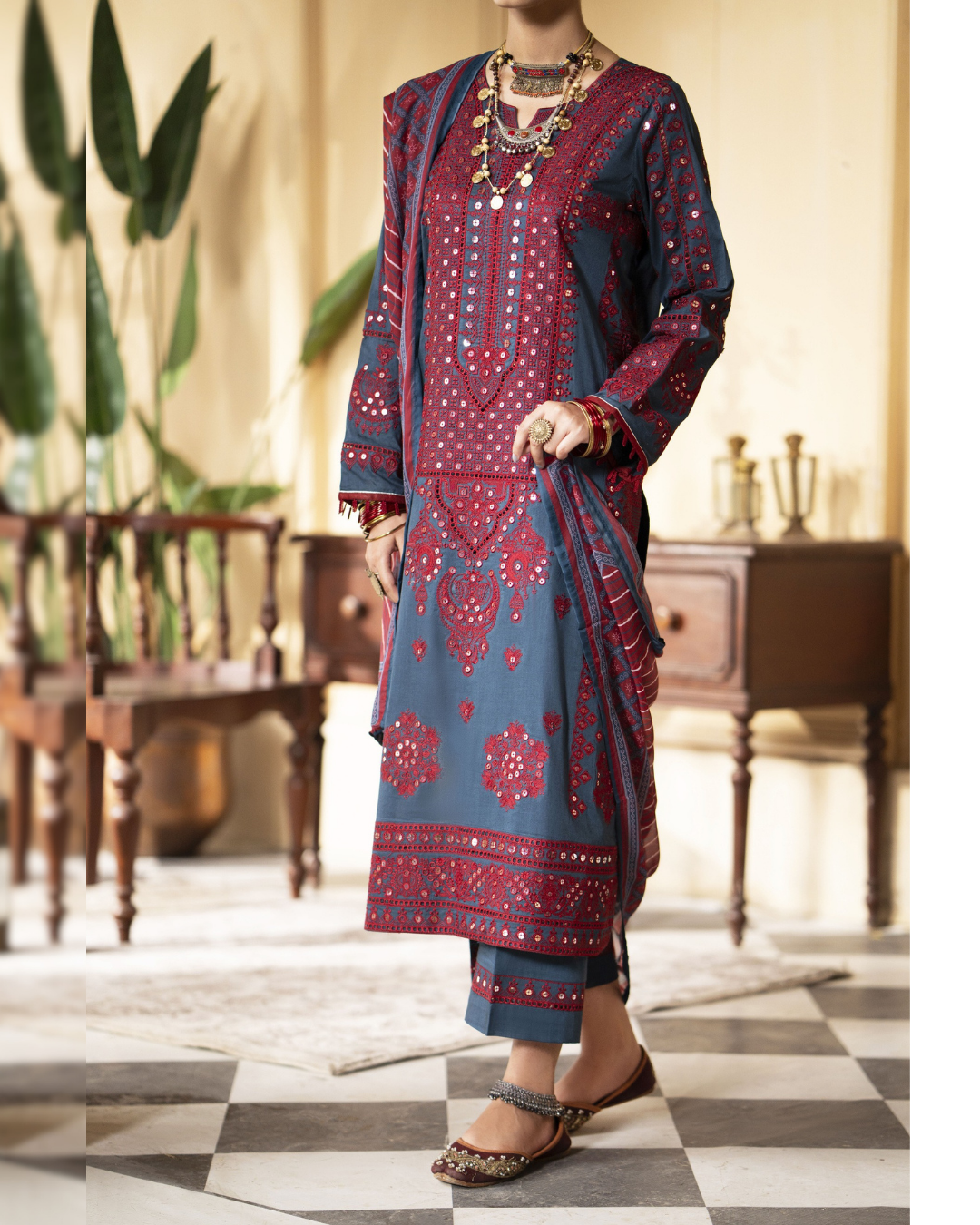 Red and Blue Traditional Suit in - Pakistani Dresses by Malbusaat