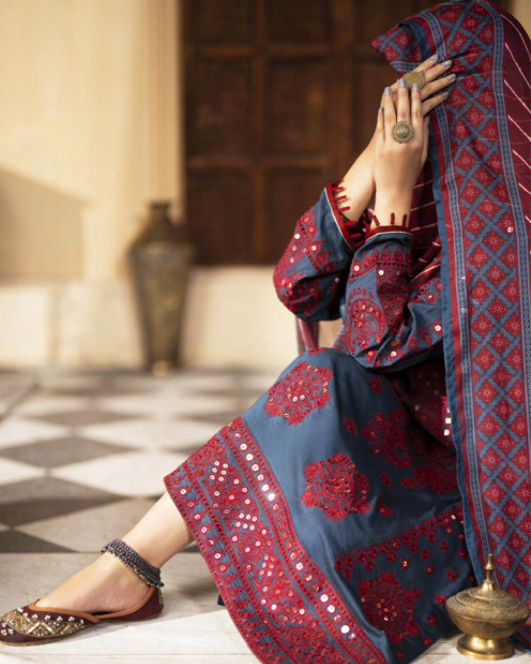 Red and Blue Traditional Suit in - Pakistani Dresses by Malbusaat
