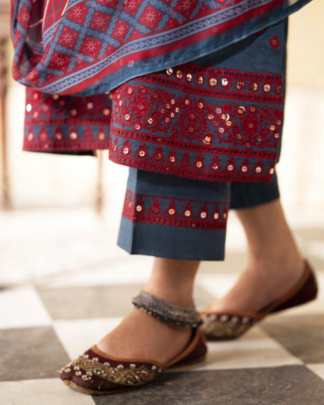 Red and Blue Traditional Suit in - Pakistani Dresses by Malbusaat