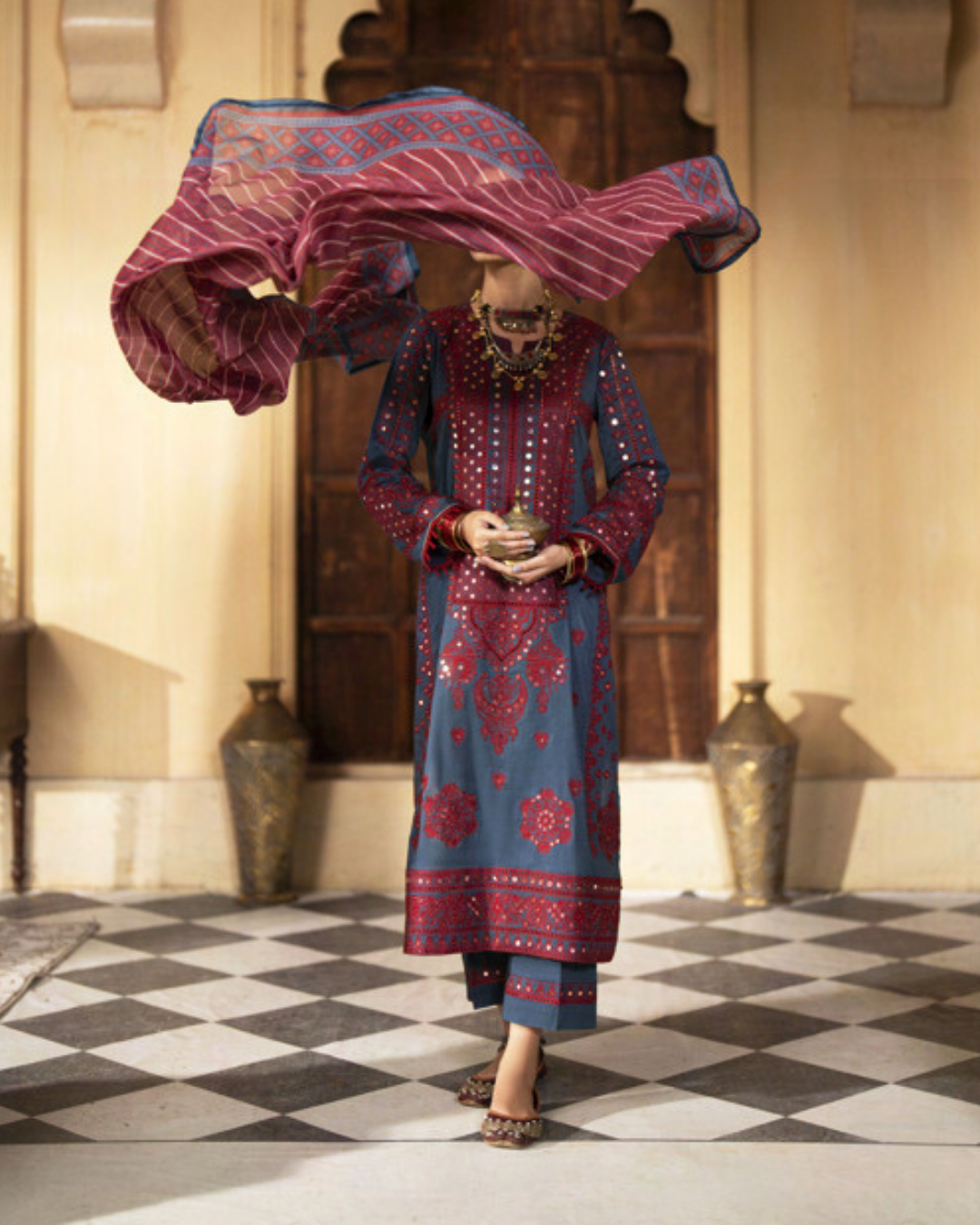 Red and Blue Traditional Suit in - Pakistani Dresses by Malbusaat