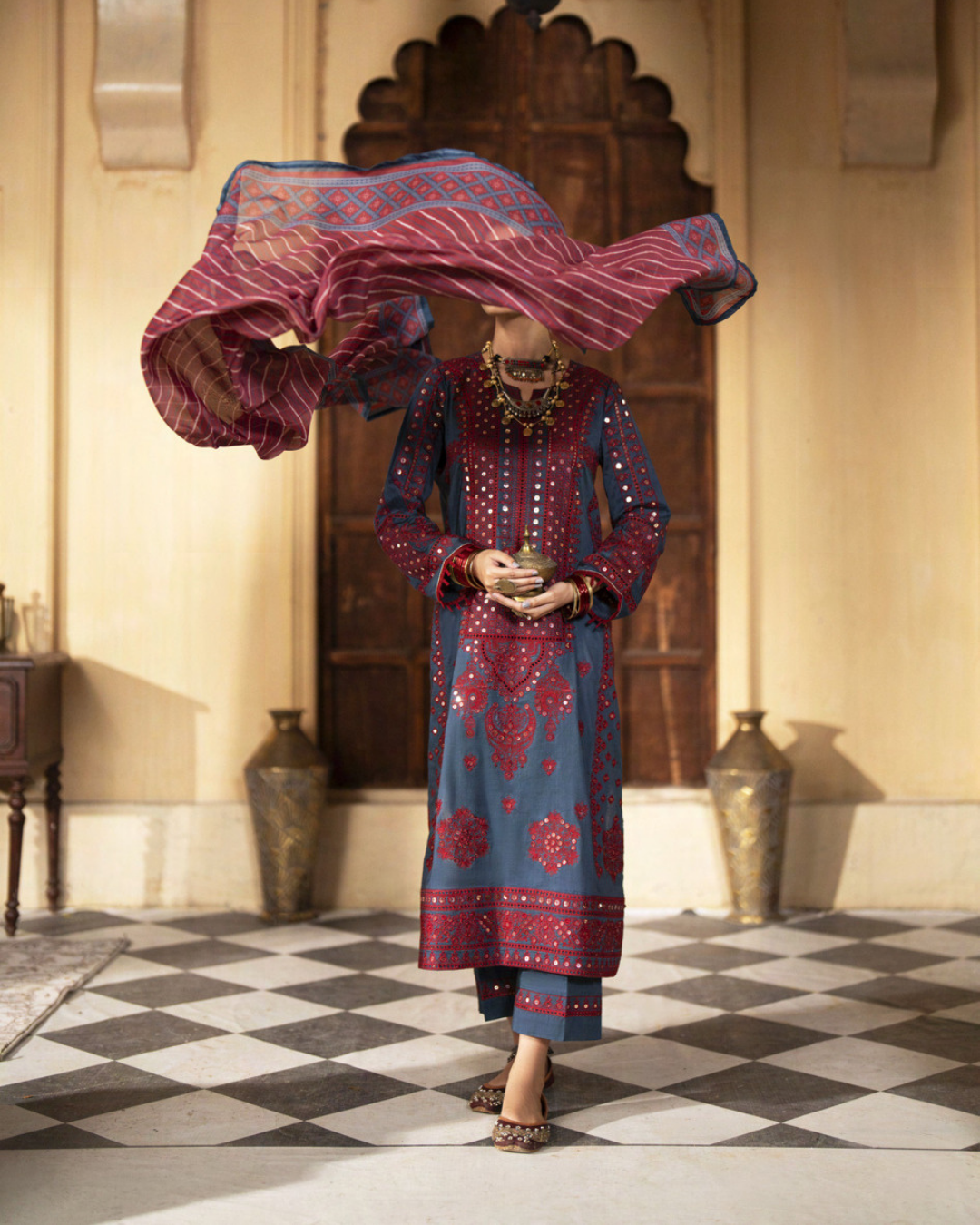 Red and Blue Traditional Suit in - Pakistani Dresses by Malbusaat