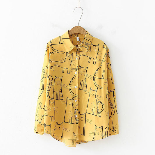 Retro Cat Pattern Long Sleeve Casual Shirt in - by Malbusaat