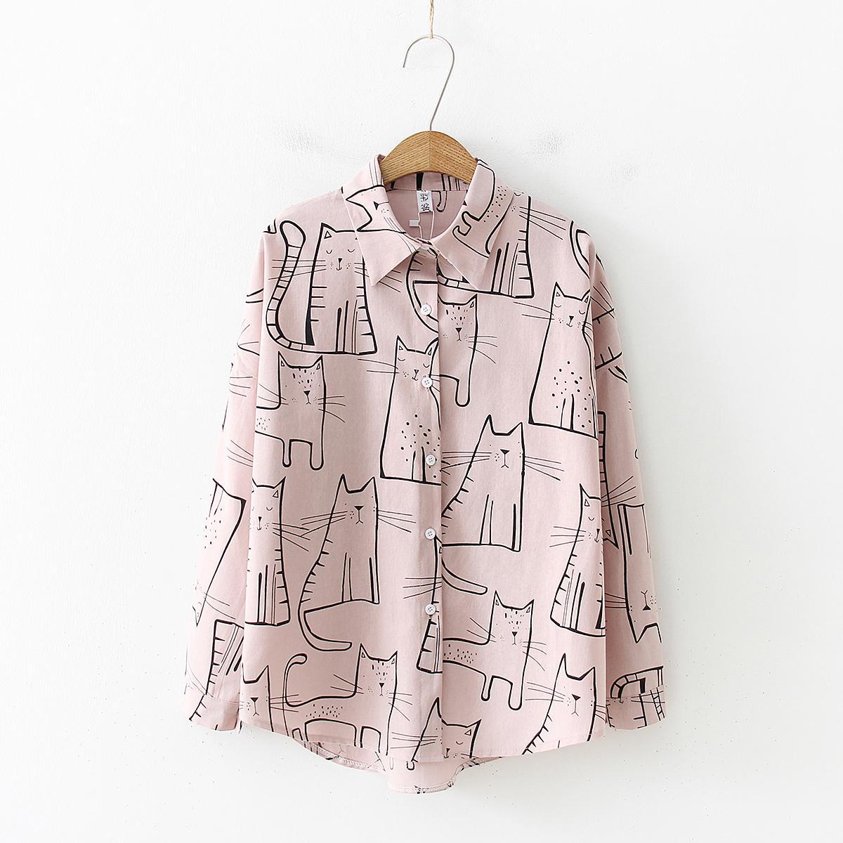Retro Cat Pattern Long Sleeve Casual Shirt in Pink - by Malbusaat
