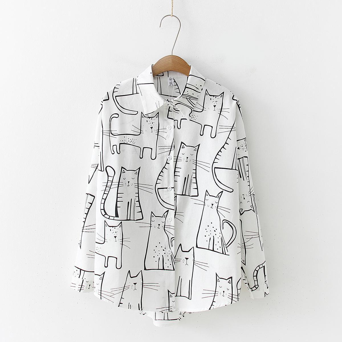 Retro Cat Pattern Long Sleeve Casual Shirt in - by Malbusaat