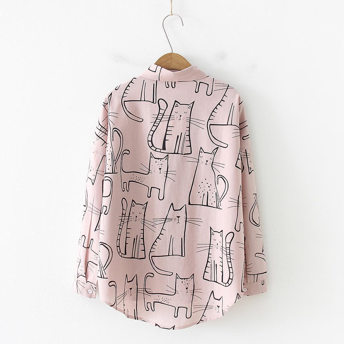 Retro Cat Pattern Long Sleeve Casual Shirt in - by Malbusaat
