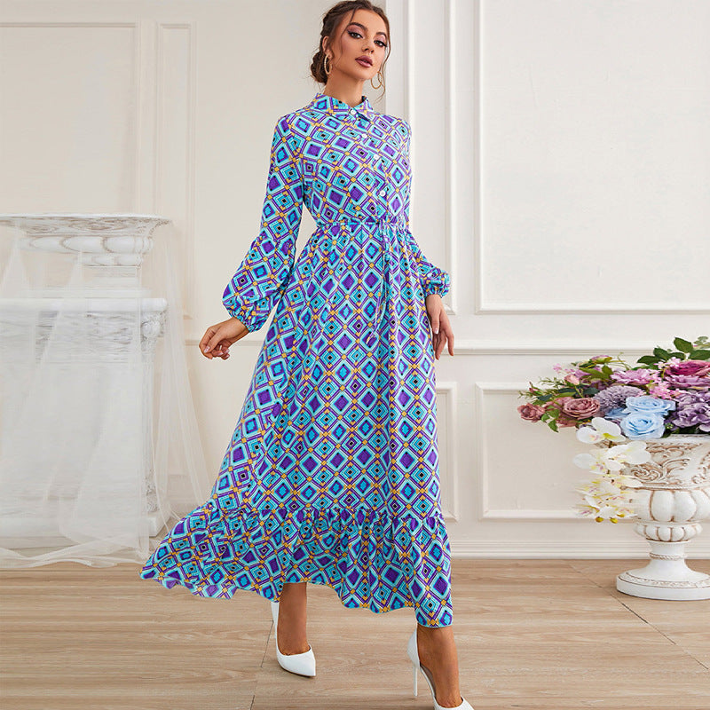 Retro Waist Blue Long Sleeve A Line Maxi in - Dresses by Malbusaat