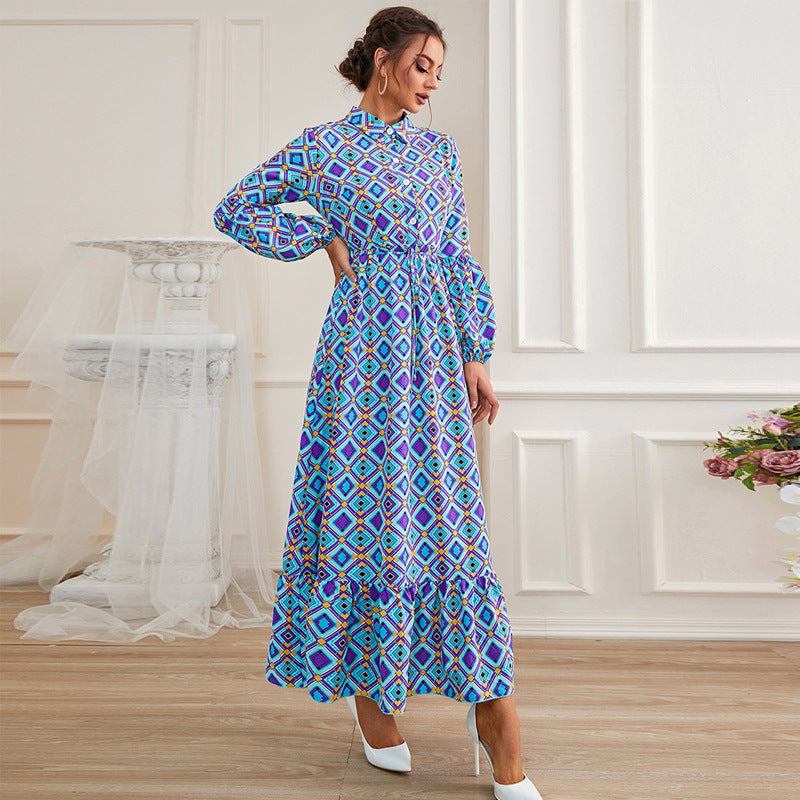 Retro Waist Blue Long Sleeve A Line Maxi in - Dresses by Malbusaat