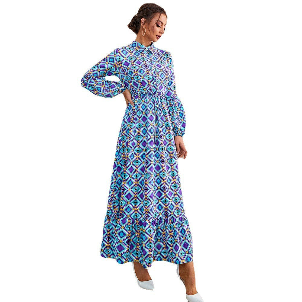 Retro Waist Blue Long Sleeve A Line Maxi in - Dresses by Malbusaat