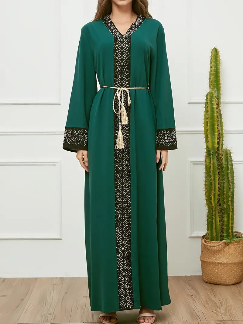 Rhinestoned Contrast Trim V-Neck Modest Dress in - by Malbusaat