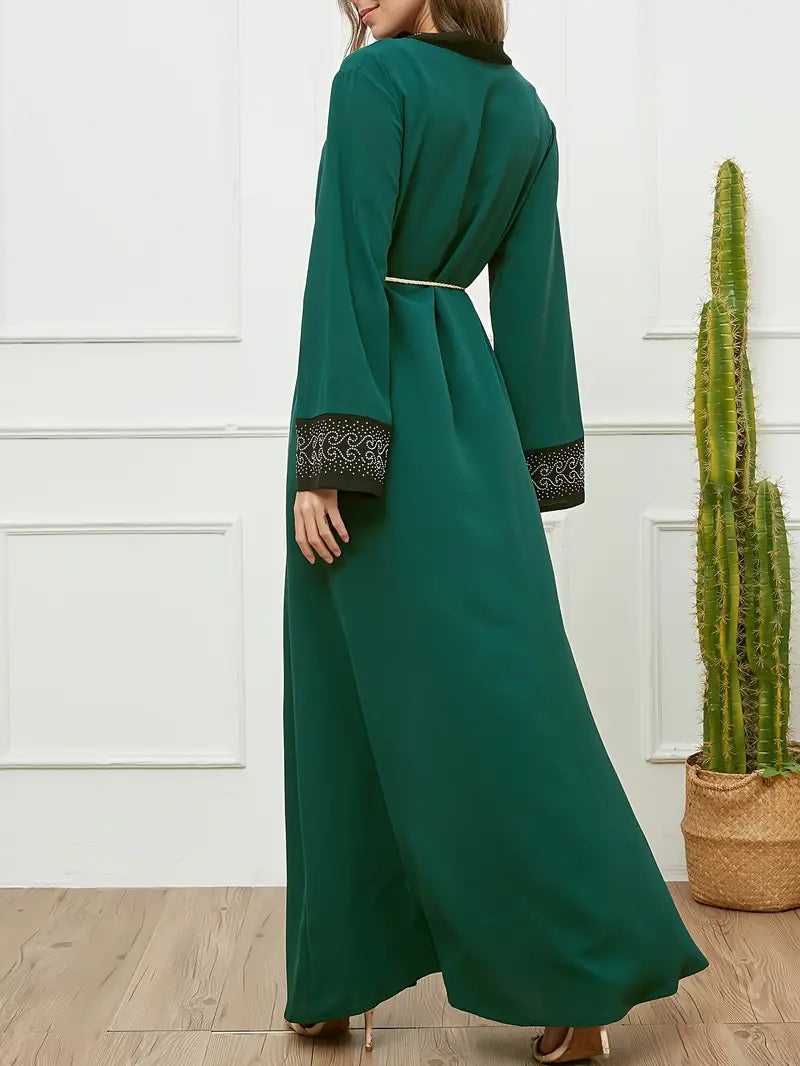 Rhinestoned Contrast Trim V-Neck Modest Dress in - by Malbusaat