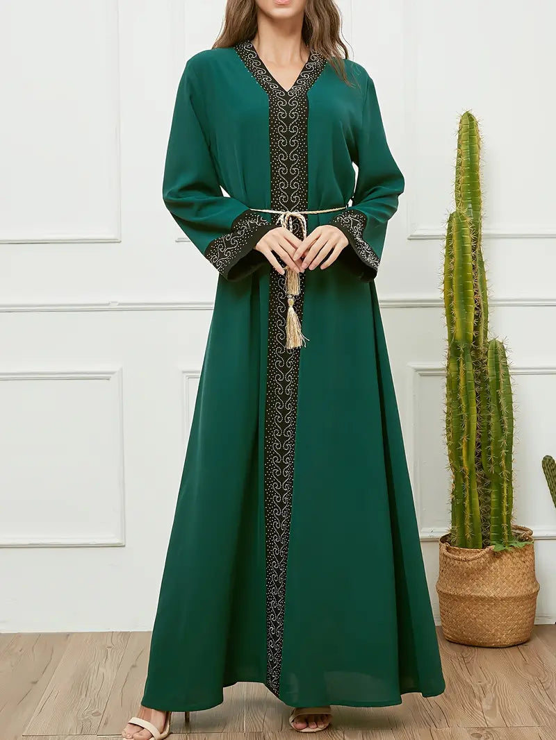 Rhinestoned Contrast Trim V-Neck Modest Dress in - by Malbusaat
