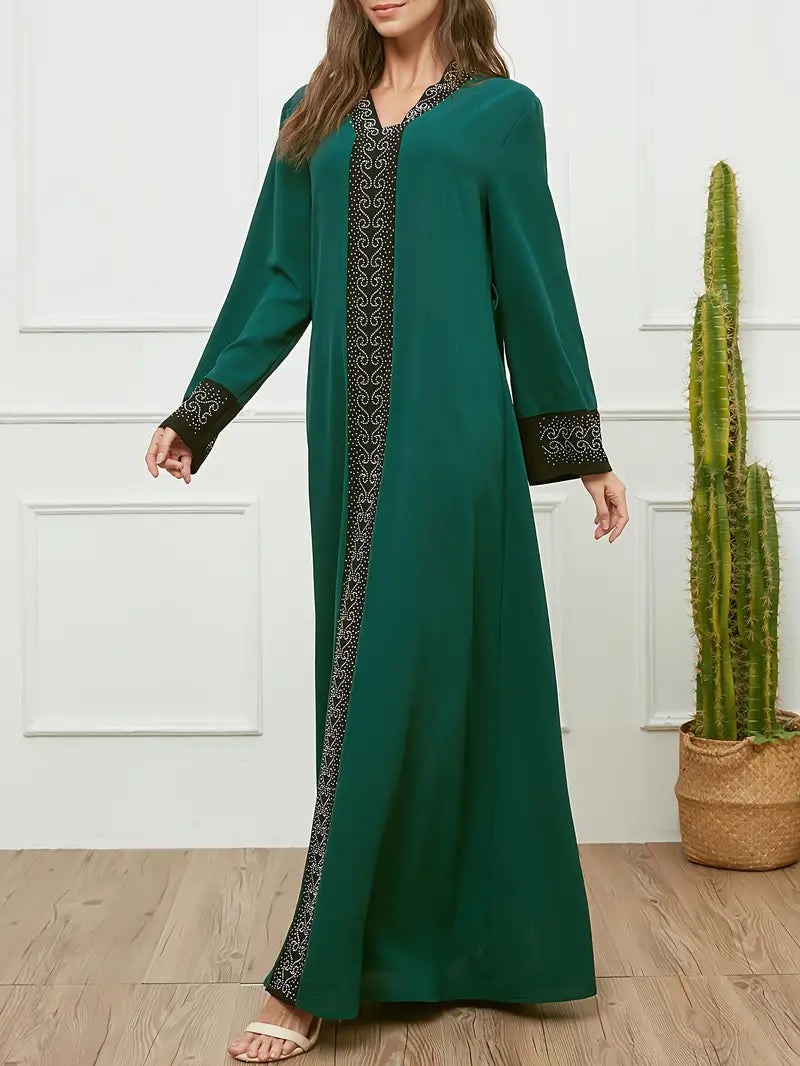 Rhinestoned Contrast Trim V-Neck Modest Dress in - by Malbusaat