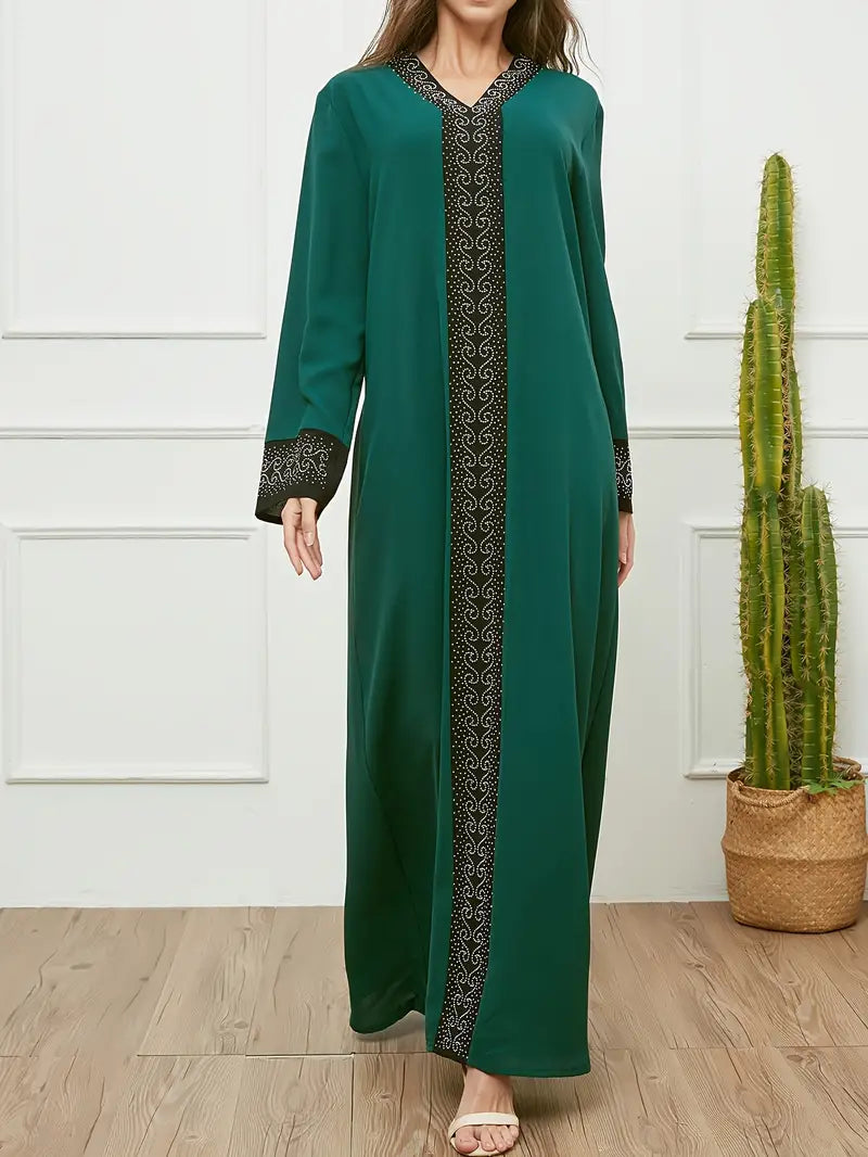 Rhinestoned Contrast Trim V-Neck Modest Dress in - by Malbusaat