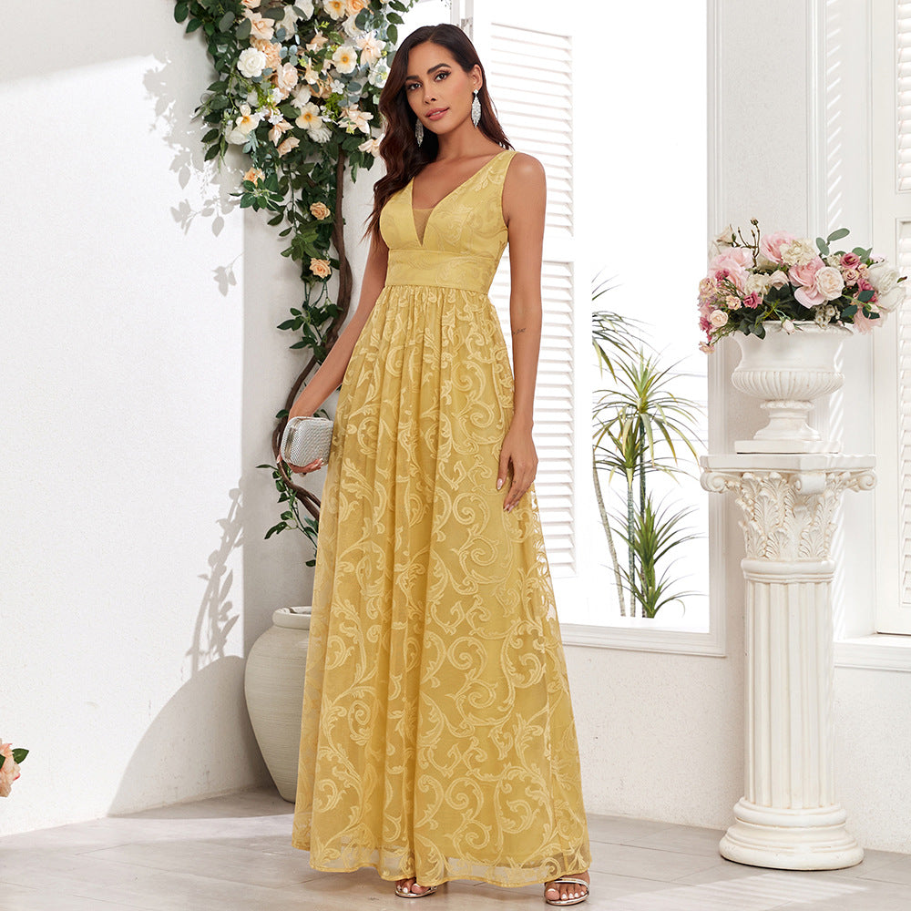 Sleeveless Lace Double V-Neck Maxi Evening Dress in - by Malbusaat