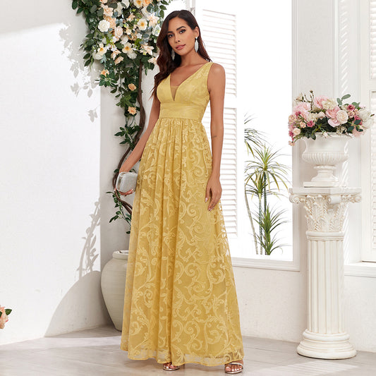 Sleeveless Lace Double V-Neck Maxi Evening Dress in - by Malbusaat