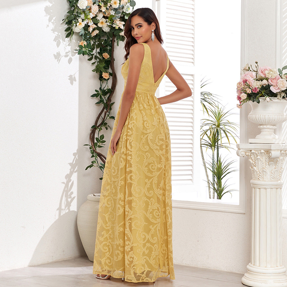 Sleeveless Lace Double V-Neck Maxi Evening Dress in - by Malbusaat