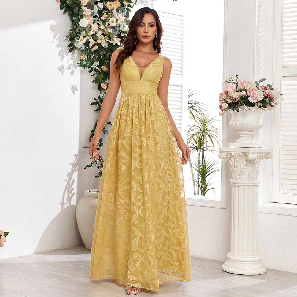 Sleeveless Lace Double V-Neck Maxi Evening Dress in - by Malbusaat