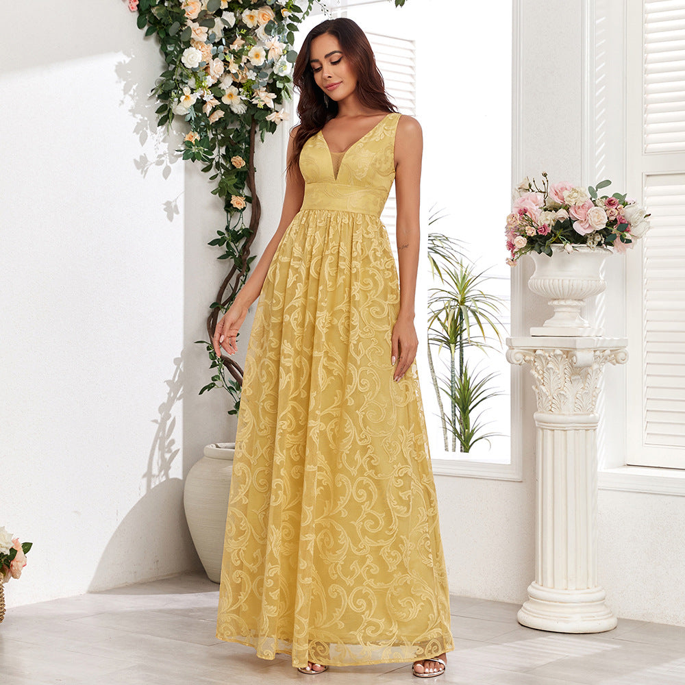 Sleeveless Lace Double V-Neck Maxi Evening Dress in - by Malbusaat