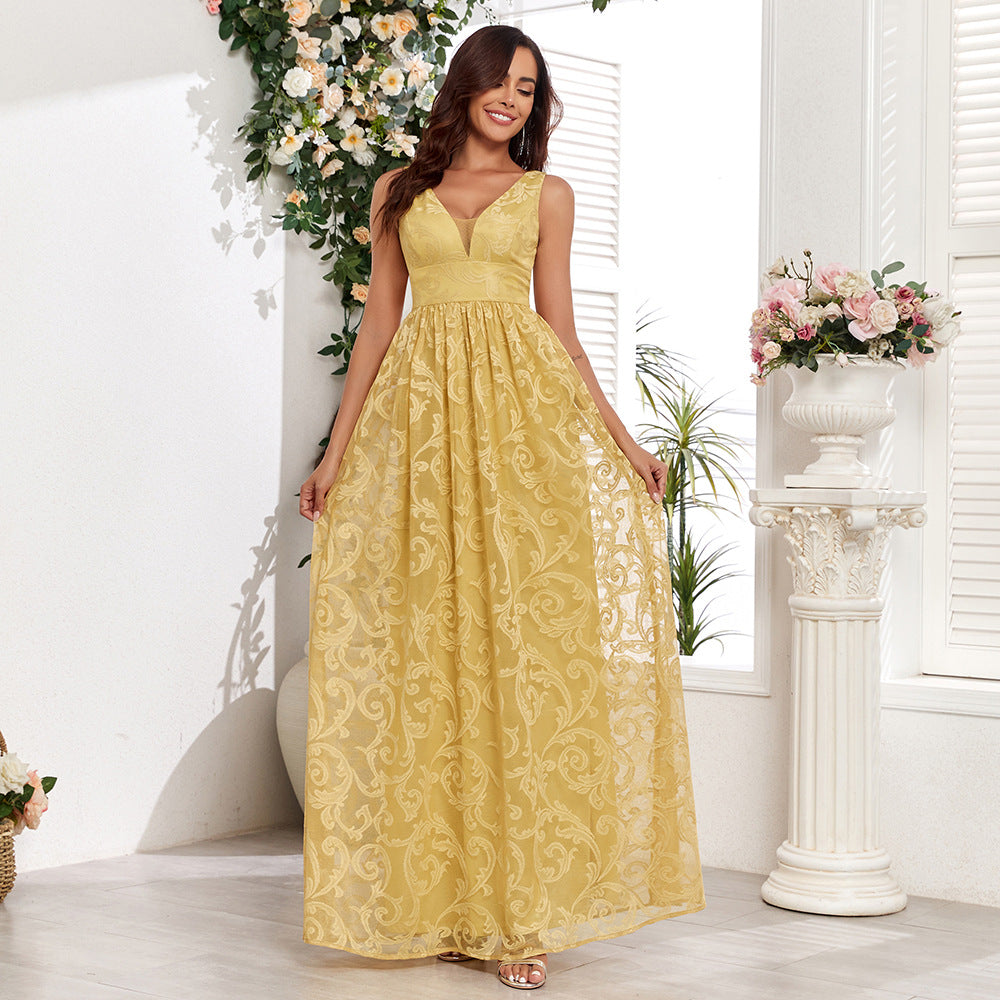 Sleeveless Lace Double V-Neck Maxi Evening Dress in - by Malbusaat