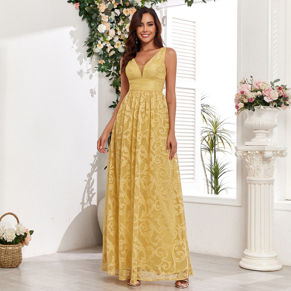 Sleeveless Lace Double V-Neck Maxi Evening Dress in Yellow - by Malbusaat