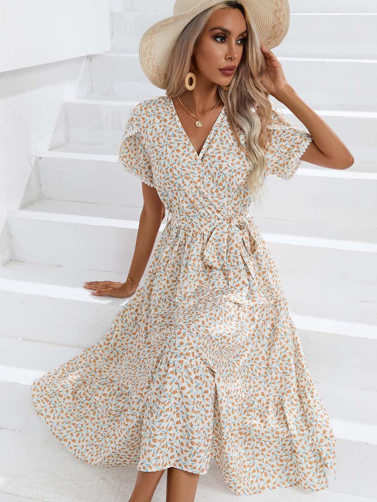 Small Floral Split V-Neck Summer Dress in - by Malbusaat