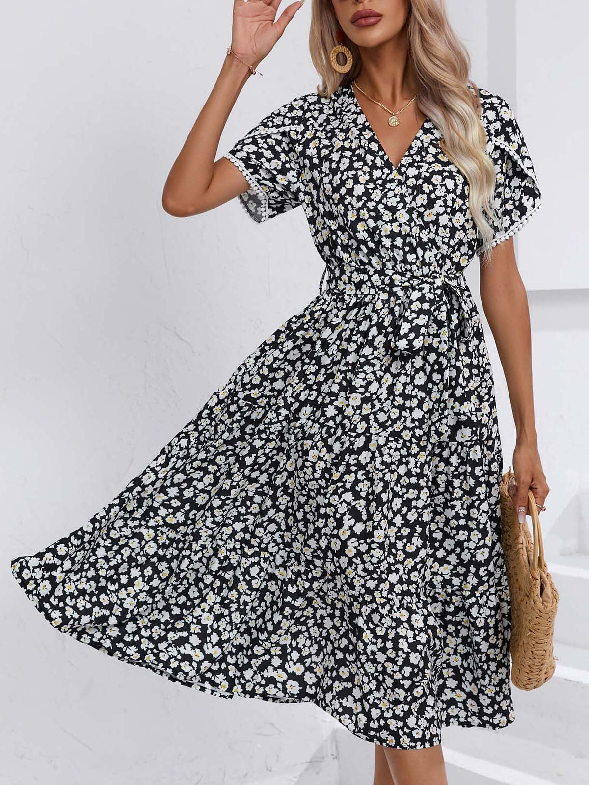 Small Floral Split V-Neck Summer Dress in - by Malbusaat