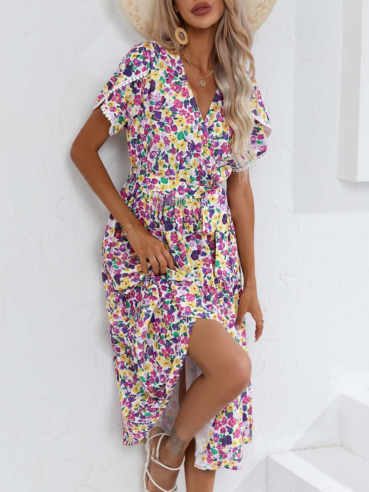 Small Floral Split V-Neck Summer Dress in - by Malbusaat
