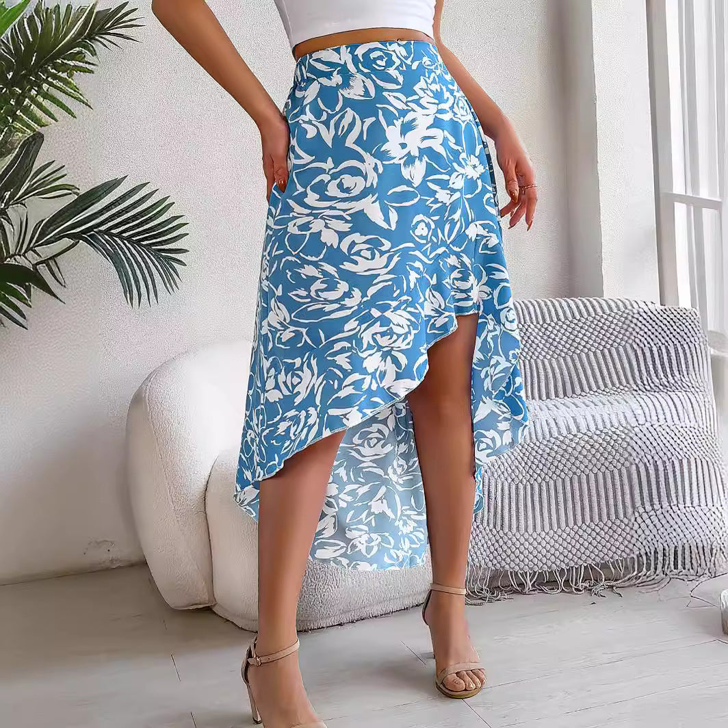 Spring Summer Floral Ruffled Asymmetric Midi Skirt in - by Malbusaat