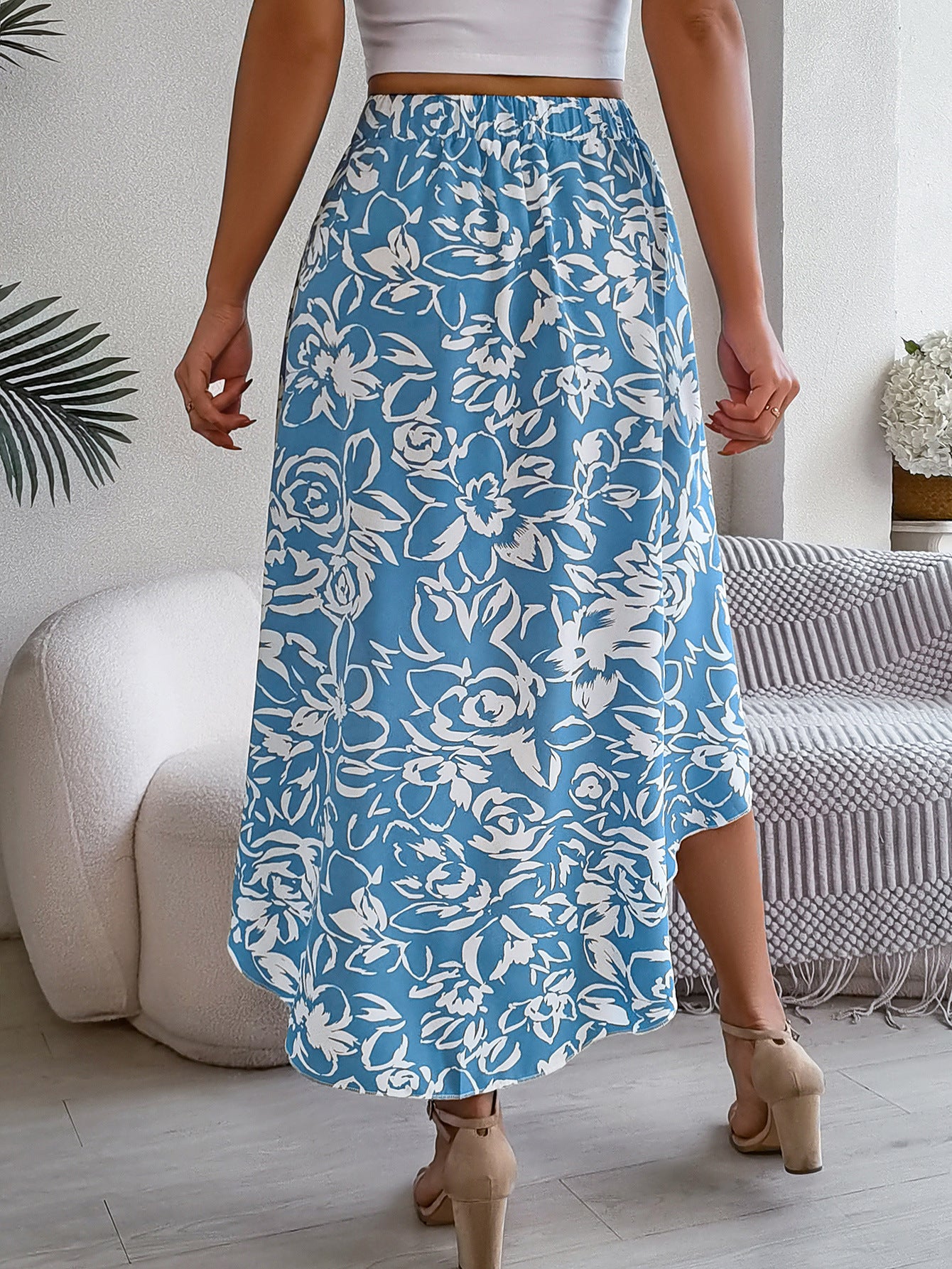 Spring Summer Floral Ruffled Asymmetric Midi Skirt in - by Malbusaat