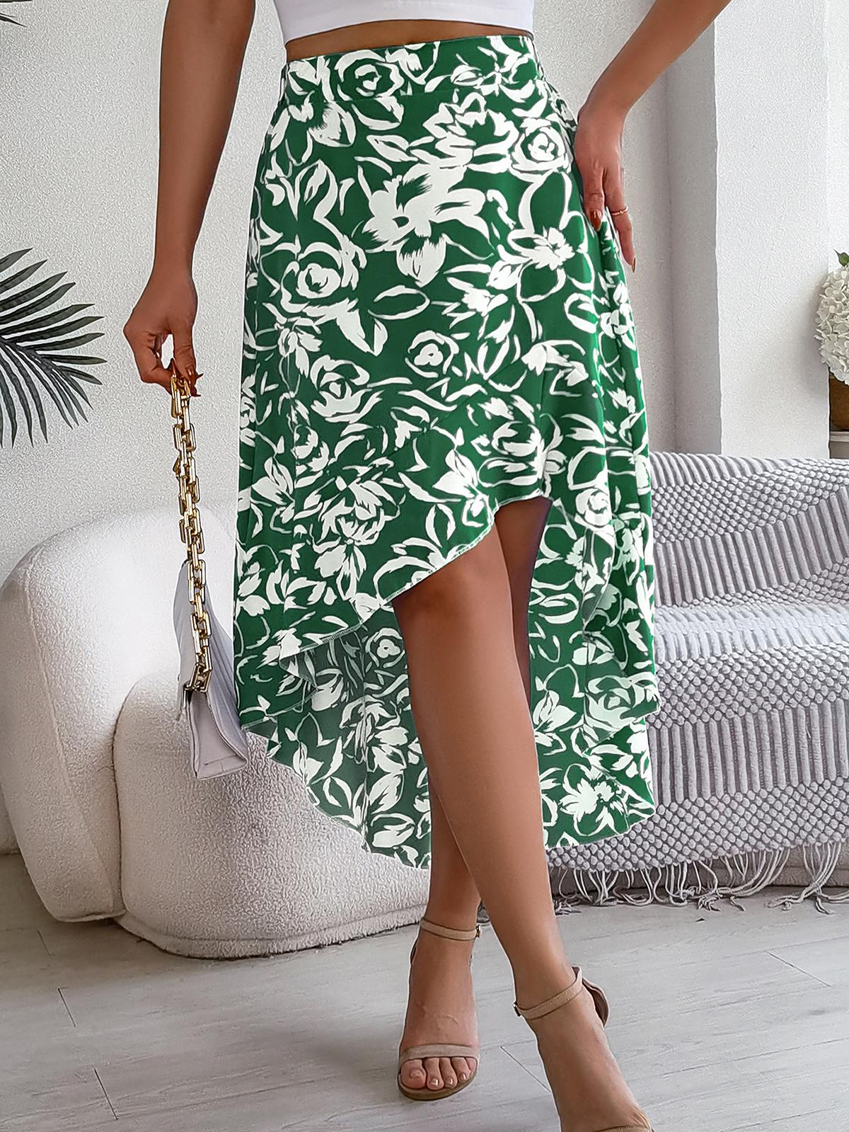 Spring Summer Floral Ruffled Asymmetric Midi Skirt in - by Malbusaat