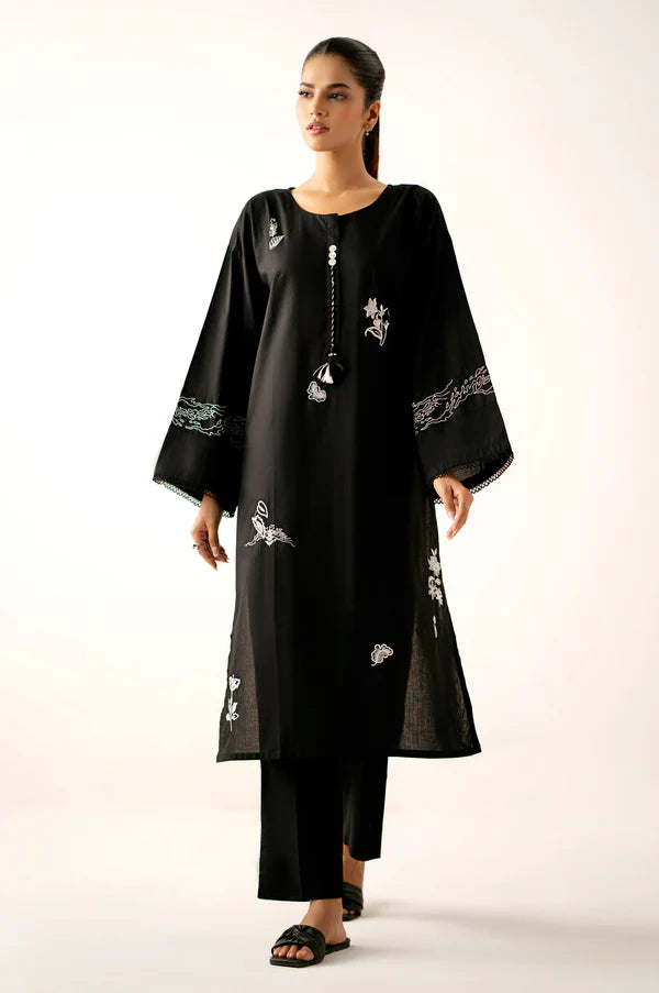 Stitched 2 Piece Embroidered Cambric Suit - Black in - Pakistani Dress by Malbusaat