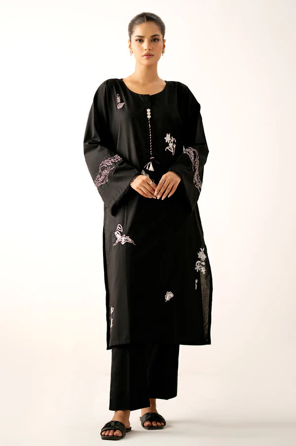 Stitched 2 Piece Embroidered Cambric Suit - Black in - Pakistani Dress by Malbusaat