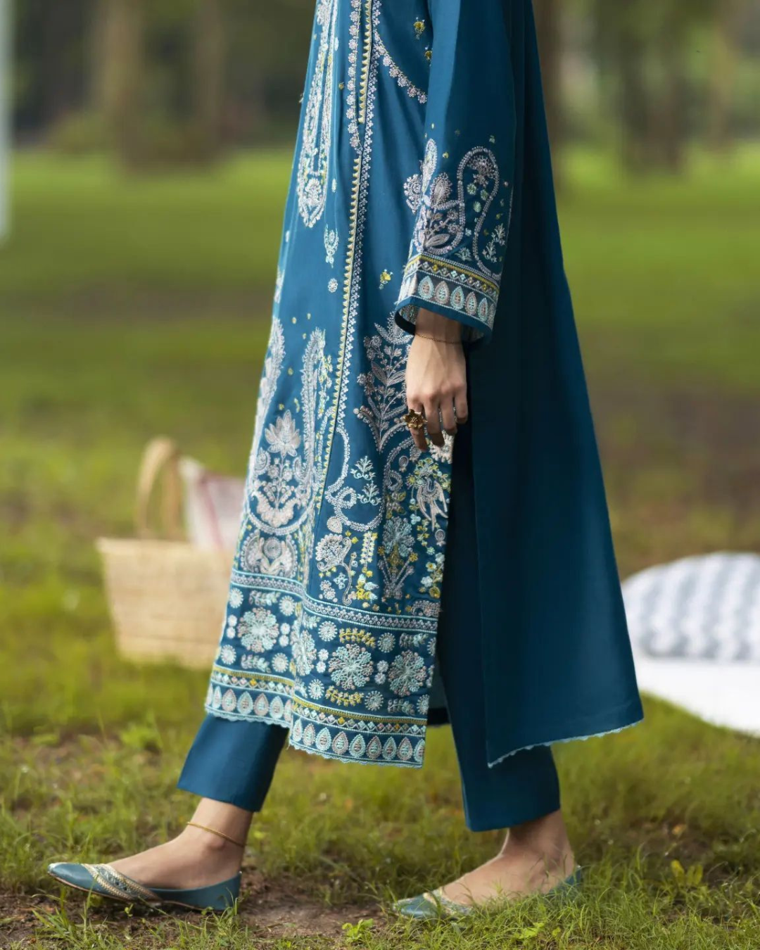 Teal Blue Linen 3-Piece Dress in - Pakistani Dresses by Malbusaat