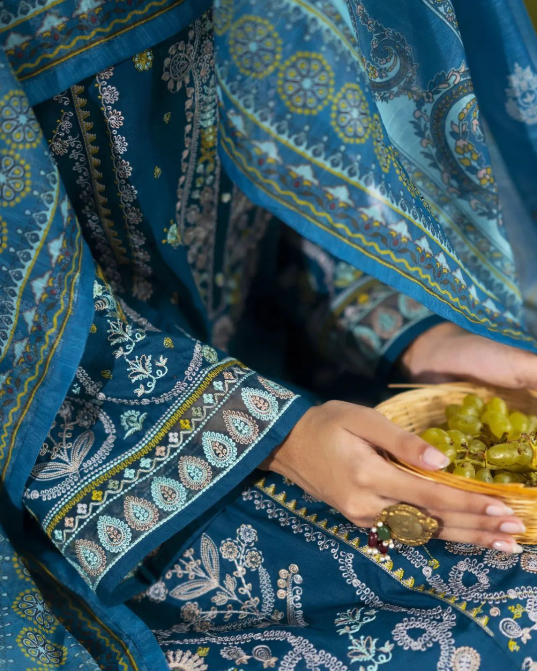 Teal Blue Linen 3-Piece Dress in - Pakistani Dresses by Malbusaat