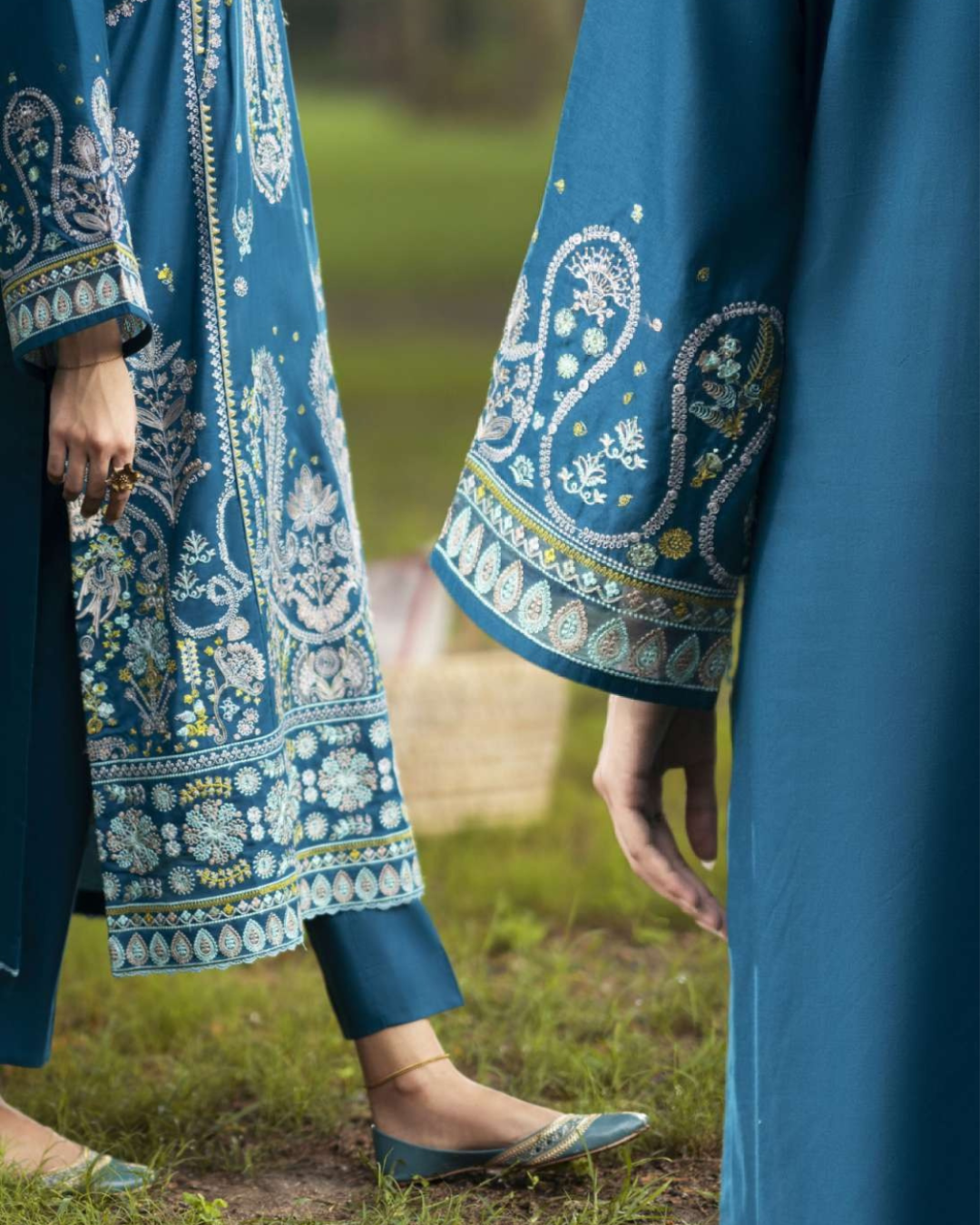 Teal Blue Linen 3-Piece Dress in - Pakistani Dresses by Malbusaat
