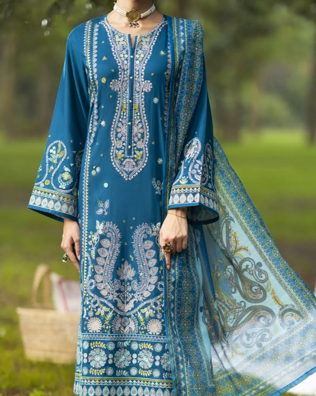 Teal Blue Linen 3-Piece Dress in - Pakistani Dresses by Malbusaat