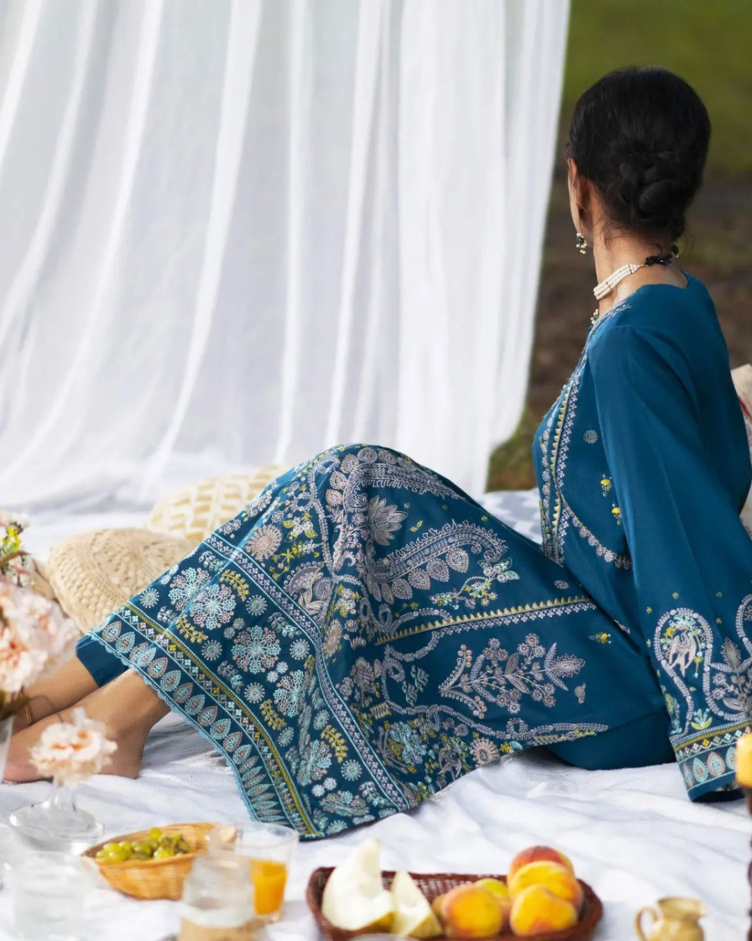 Teal Blue Linen 3-Piece Dress in - Pakistani Dresses by Malbusaat