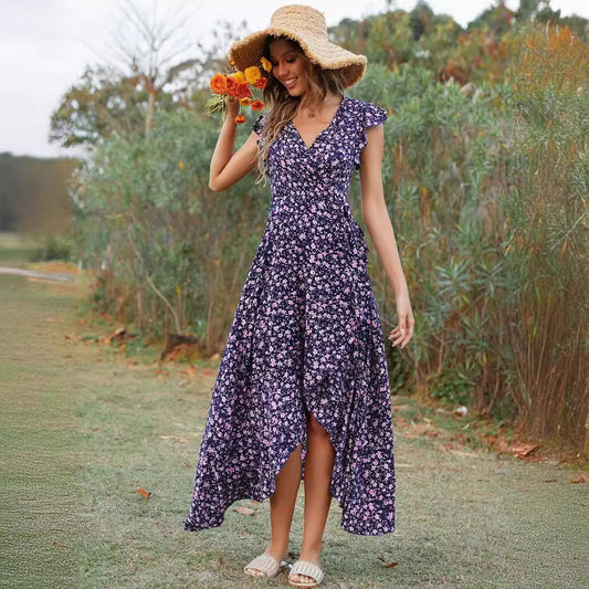 V-Neck Bohemian Vacation Slim Fit Tied Maxi Dress in - by Malbusaat