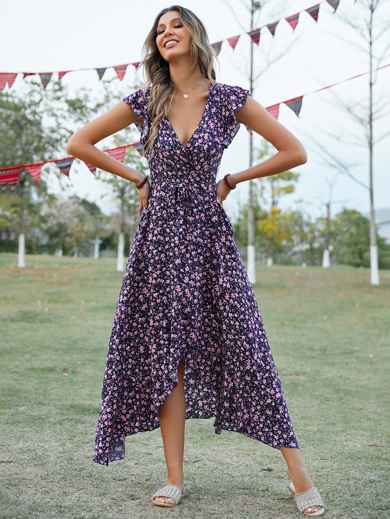 V-Neck Bohemian Vacation Slim Fit Tied Maxi Dress in - by Malbusaat