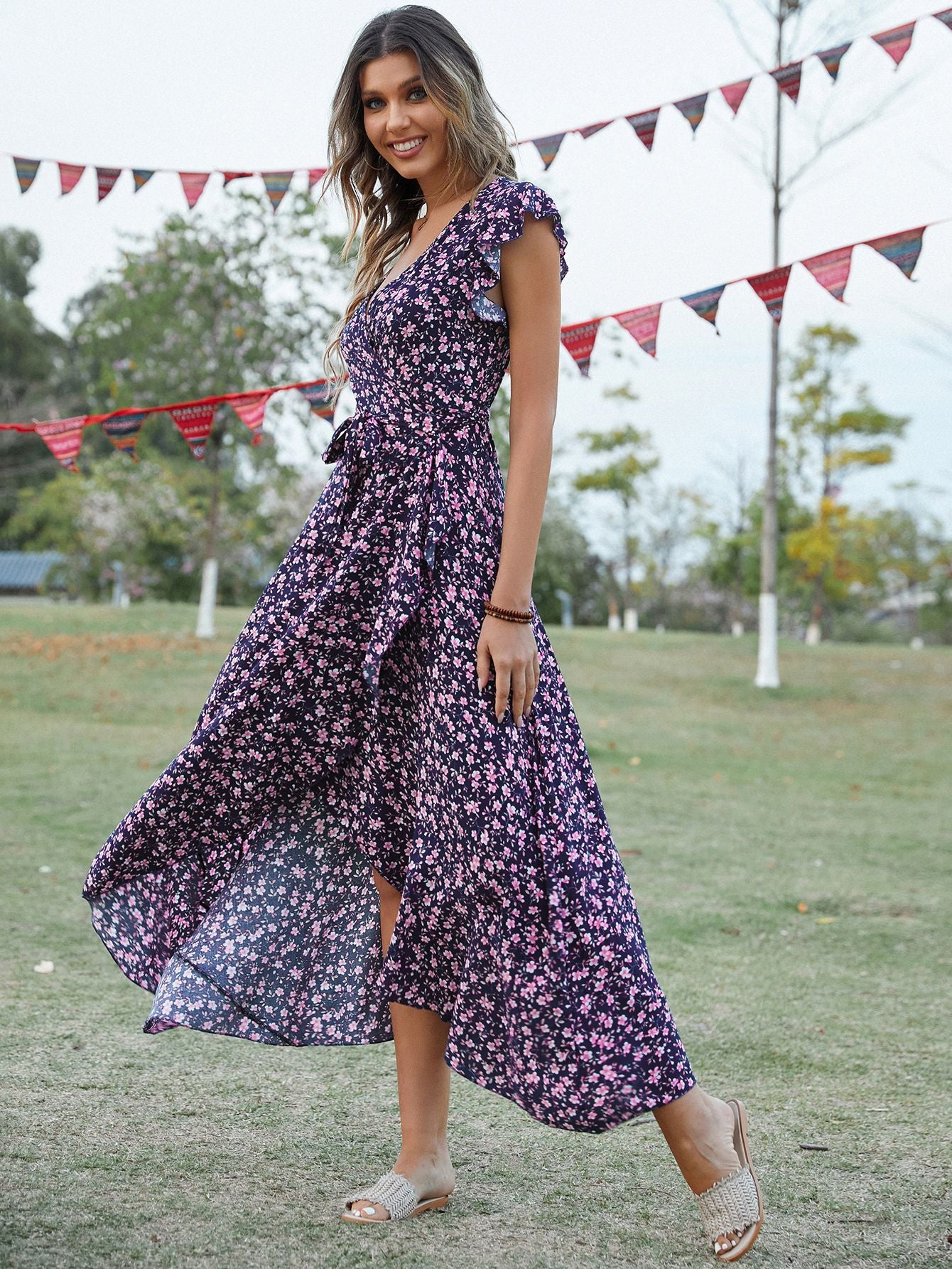 V-Neck Bohemian Vacation Slim Fit Tied Maxi Dress in - by Malbusaat