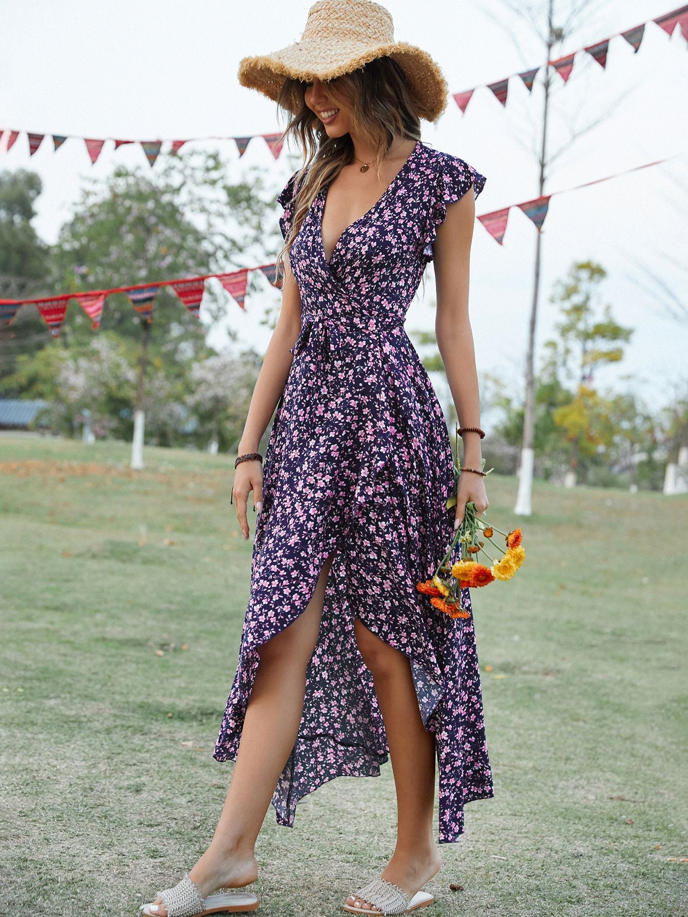 V-Neck Bohemian Vacation Slim Fit Tied Maxi Dress in - by Malbusaat
