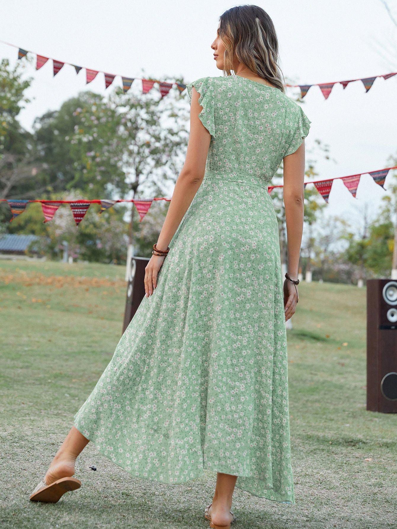 V-Neck Bohemian Vacation Slim Fit Tied Maxi Dress in - by Malbusaat