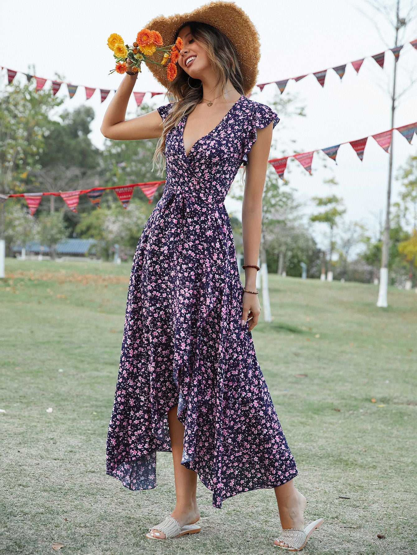 V-Neck Bohemian Vacation Slim Fit Tied Maxi Dress in Navy Blue - by Malbusaat