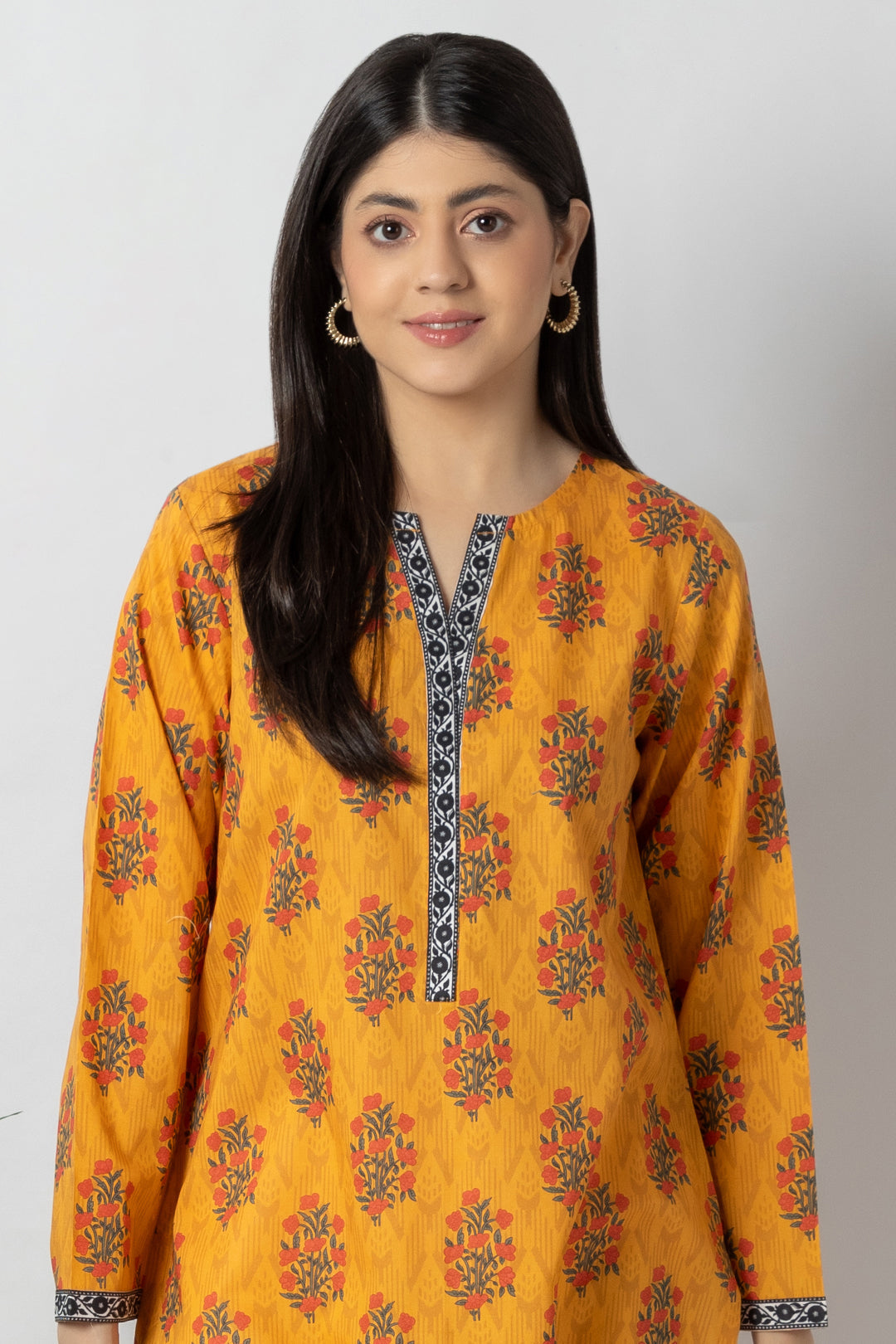 Yellow Floral Printed Kurta in - Pakistani Dresses by Malbusaat