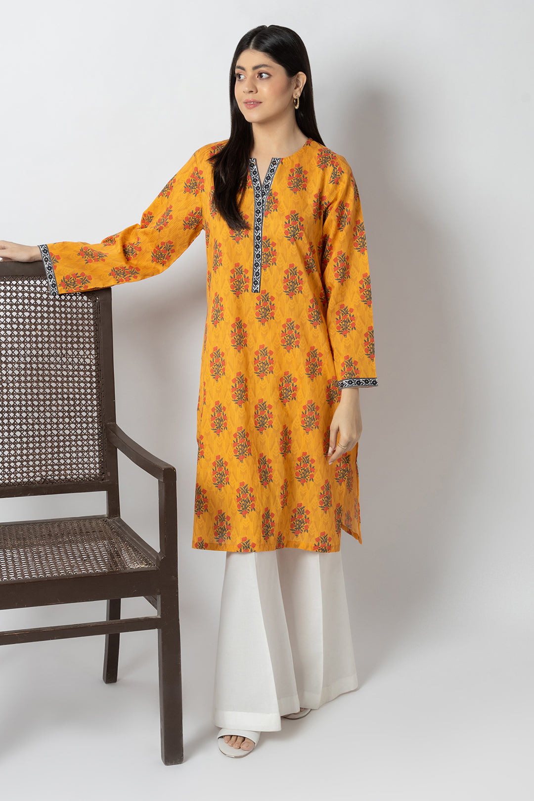 Yellow Floral Printed Kurta in - Pakistani Dresses by Malbusaat