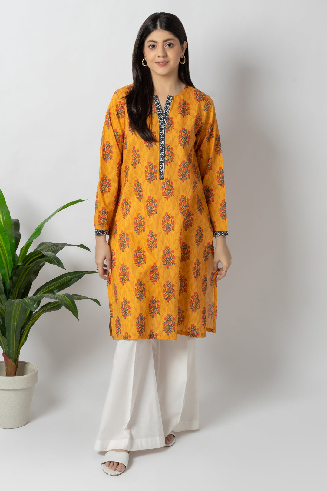 Yellow Floral Printed Kurta in - Pakistani Dresses by Malbusaat