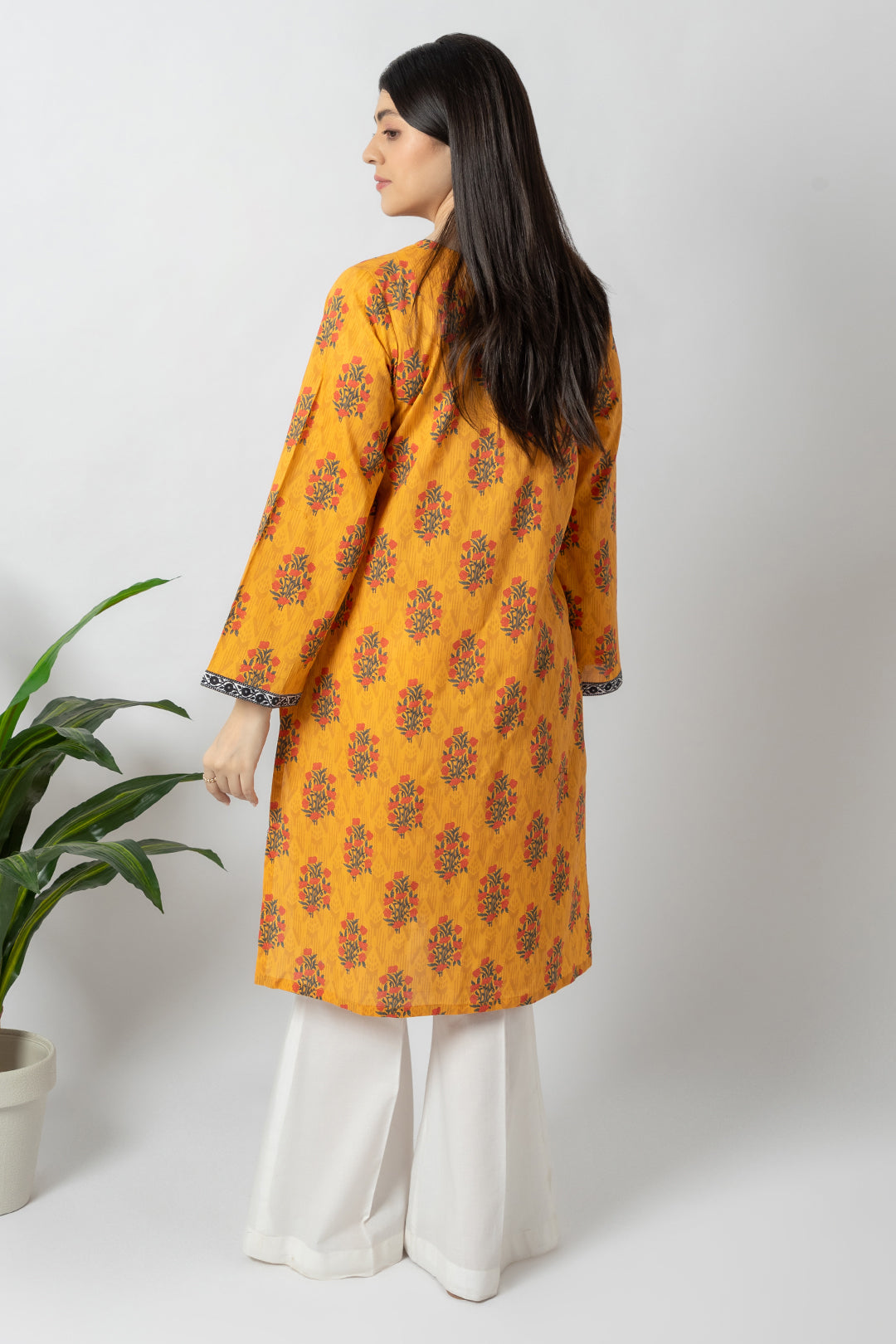 Yellow Floral Printed Kurta in - Pakistani Dresses by Malbusaat