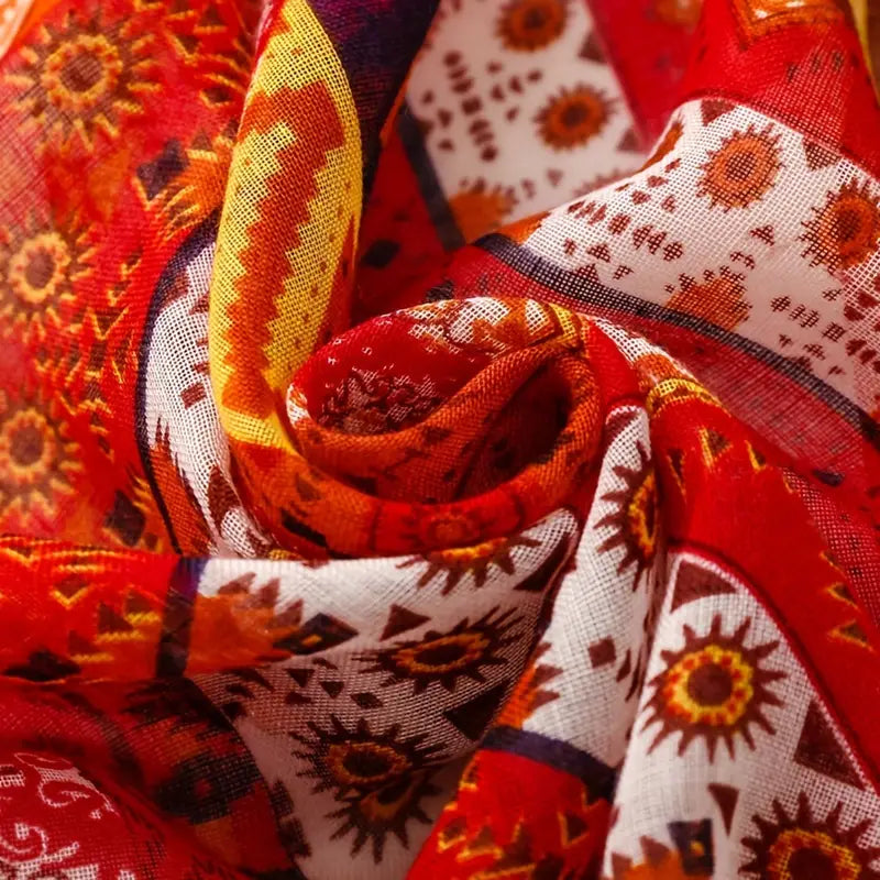 Boho Vintage Printed Bali Yarn Scarf, Red Shawl in - Scarves by Malbusaat