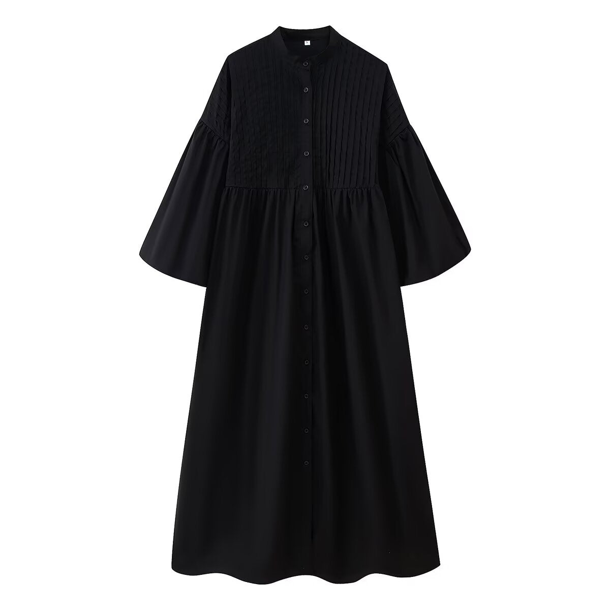 Malbusaat black button front puff sleeve round neck maxi dress with pleated yoke and wide sleeves