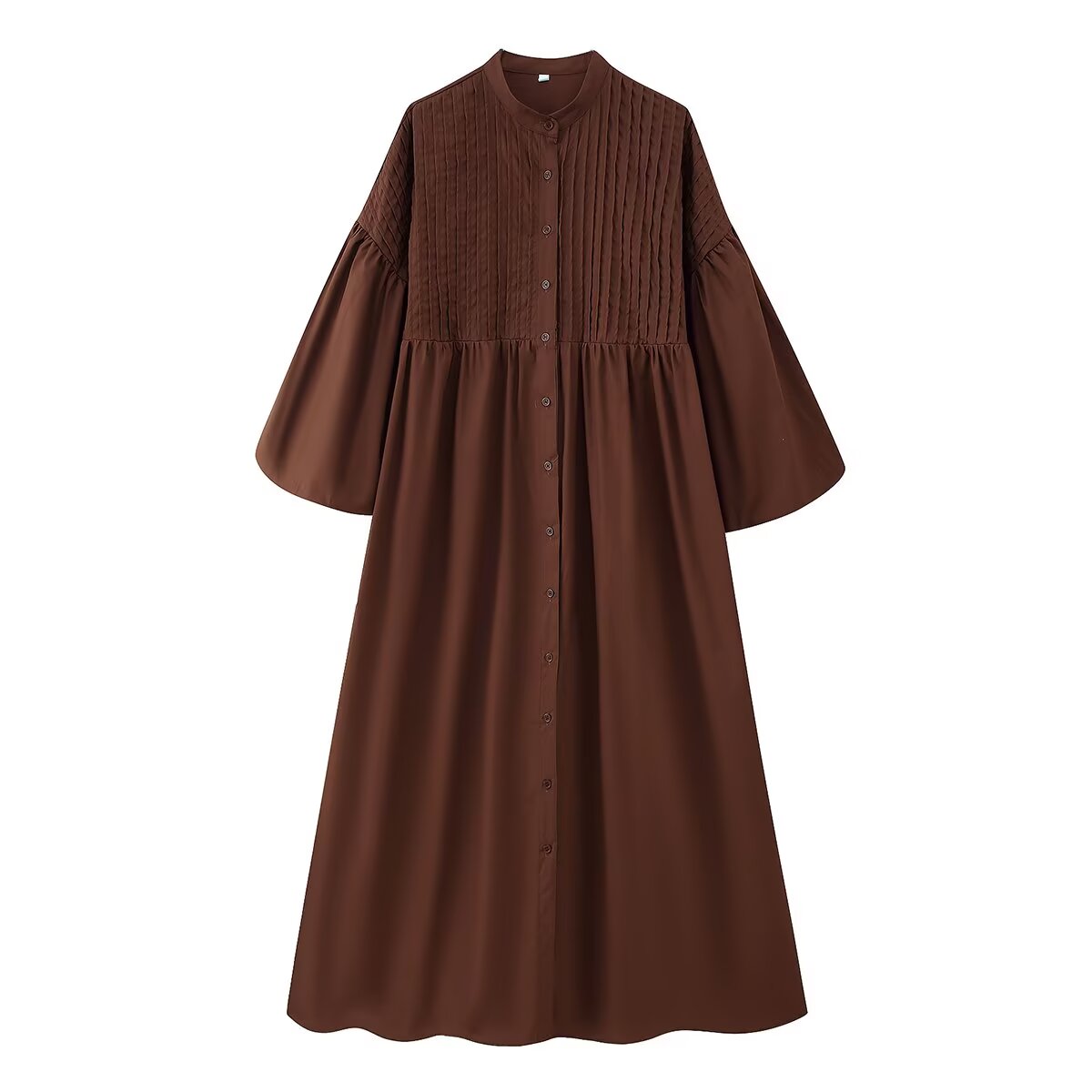 Malbusaat brown button front puff sleeve round neck maxi with pintuck bodice and voluminous sleeves
